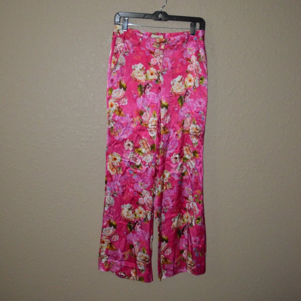 $380 Sz 2 L'AGENCE Colin Floral Satin Cabaret Pink Pants Slacks